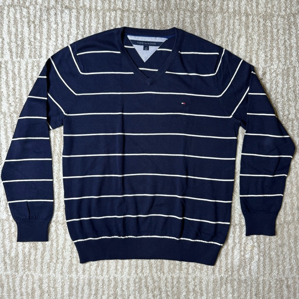 Tommy Hilfiger Casual V-Neck Sweater Navy/White Size L